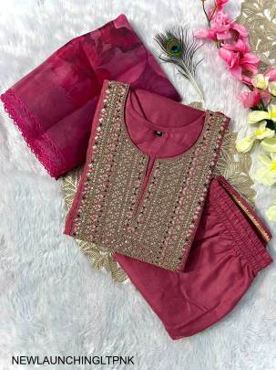 Slub Cotton New Designers Kurti Pent Dupatta Set in Light Pink