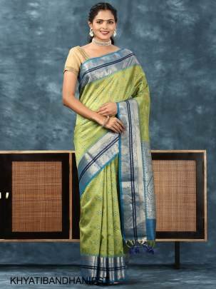 Soft Desi Tussar Silk Saree with All Over Bandhani Weaving Pattern in Pista