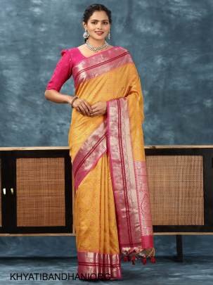Soft Desi Tussar Silk Saree with All Over Bandhani Weaving Pattern in Orange