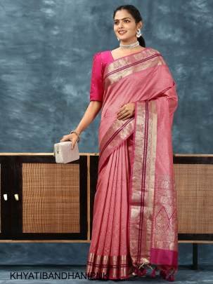 Soft Desi Tussar Silk Saree with All Over Bandhani Weaving Pattern in Pink