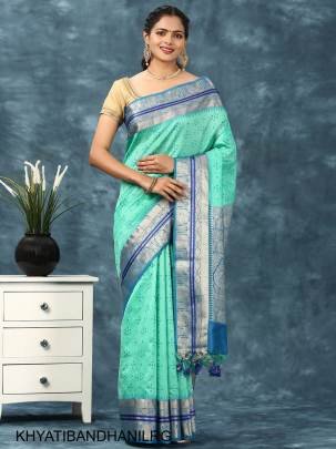Soft Desi Tussar Silk Saree with All Over Bandhani Weaving Pattern in Light Rama Green