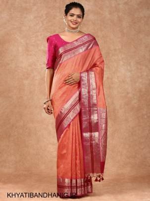 Soft Desi Tussar Silk Saree with All Over Bandhani Weaving Pattern in Gajri