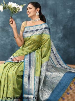 Soft Desi Tussar Silk Saree with All Over Bandhani Weaving Pattern in Pista
