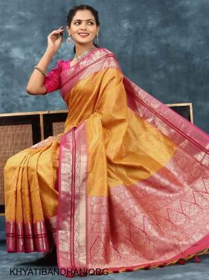 Soft Desi Tussar Silk Saree with All Over Bandhani Weaving Pattern in Orange