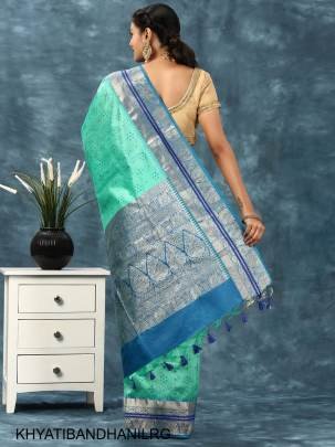 Soft Desi Tussar Silk Saree with All Over Bandhani Weaving Pattern in Light Rama Green