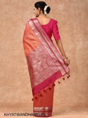 Soft Desi Tussar Silk Saree with All Over Bandhani Weaving Pattern in Gajri