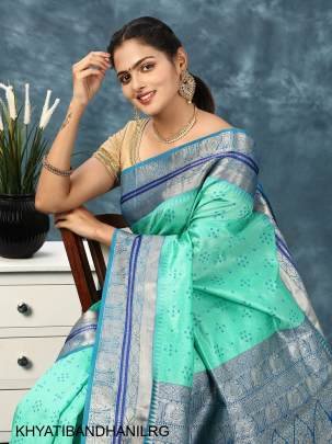 Soft Desi Tussar Silk Saree with All Over Bandhani Weaving Pattern in Light Rama Green