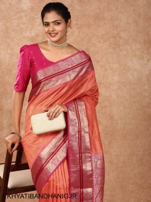 Soft Desi Tussar Silk Saree with All Over Bandhani Weaving Pattern in Gajri