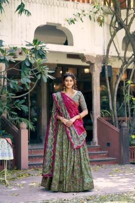 Soft tasar silk drape with radiant foil motifs    a lehenga that shines with understated luxury LNB1256BGN