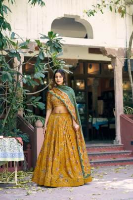 Soft tasar silk drape with radiant foil motifs    a lehenga that shines with understated luxury LNB1256MST