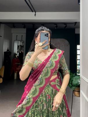 Soft tasar silk drape with radiant foil motifs a lehenga that shines with understated luxury  LNB1256BGN