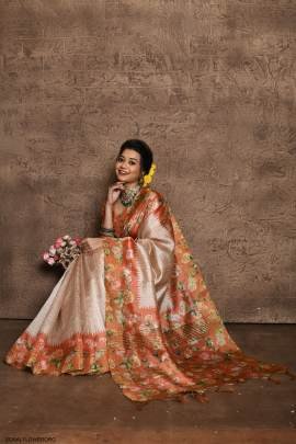 Soft Tussar Silk Saree with all Over Beautiful Print in Orange