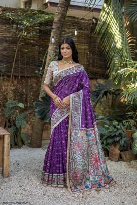 Soft Tussar Silk Saree with Beautiful Madhubani Print on Pallu in Purple