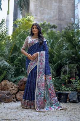 Soft Tussar Silk Saree with Beautiful Madhubani Print on Pallu in Blue