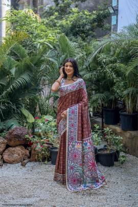 Soft Tussar Silk Saree with Beautiful Madhubani Print on Pallu in Brown