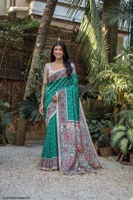 Soft Tussar Silk Saree with Beautiful Madhubani Print on Pallu in Light Rama Green