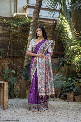 Soft Tussar Silk Saree with Beautiful Madhubani Print on Pallu in Purple