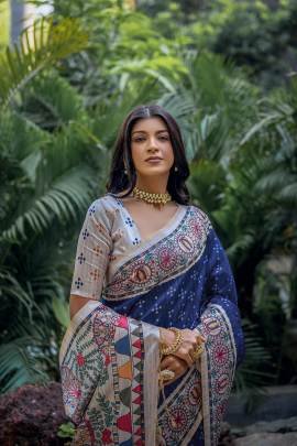 Soft Tussar Silk Saree with Beautiful Madhubani Print on Pallu in Blue