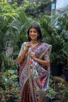 Soft Tussar Silk Saree with Beautiful Madhubani Print on Pallu in Brown