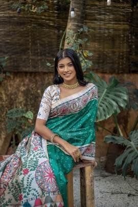 Soft Tussar Silk Saree with Beautiful Madhubani Print on Pallu in Light Rama Green