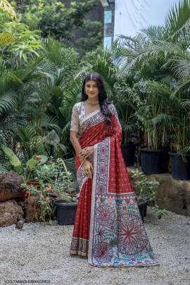 Soft Tussar Silk Saree with Beautiful Madhubani Print on Pallu in Red