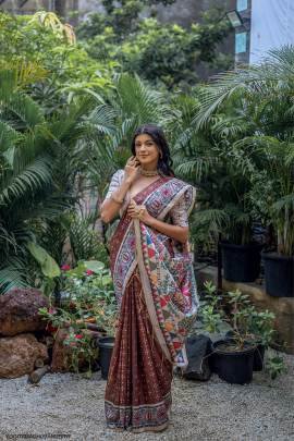 Soft Tussar Silk Saree with Beautiful Madhubani Print on Pallu in Brown