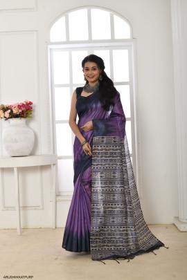 Soft Tussar Silk Saree with Temple Border with Classic Fabric Pattern in Purple