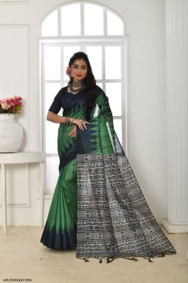 Soft Tussar Silk Saree with Temple Border with Classic Fabric Pattern in Green