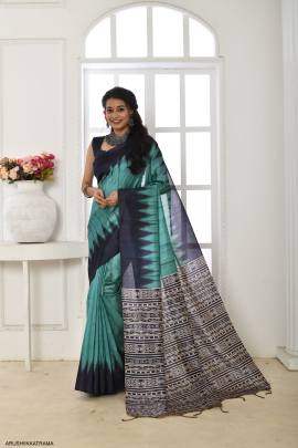 Soft Tussar Silk Saree with Temple Border with Classic Fabric Pattern in Rama