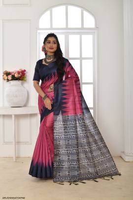 Soft Tussar Silk Saree with Temple Border with Classic Fabric Pattern in Dark Pink