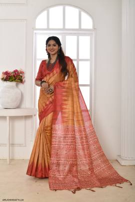 Soft Tussar Silk Saree with Temple Border with Classic Fabric Pattern in Yellow