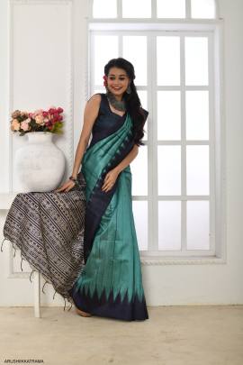 Soft Tussar Silk Saree with Temple Border with Classic Fabric Pattern in Rama