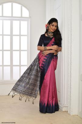 Soft Tussar Silk Saree with Temple Border with Classic Fabric Pattern in Dark Pink