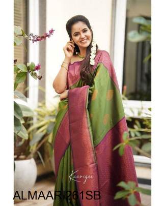 Stunning Sky Blue Colour Saree With Purple Border & Heavy Brocade Blouse