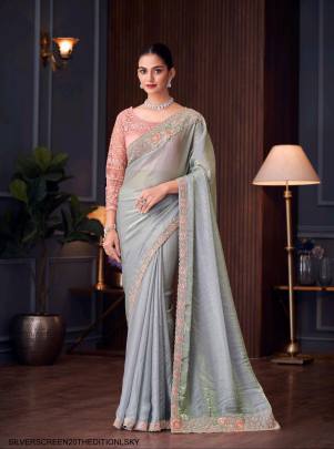  Super Shine Satin   Georgette Feel Designer Saree in Light Sky 