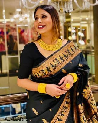 Surpassing Black Soft Banarasi Silk Saree With Twirling Blouse Piece