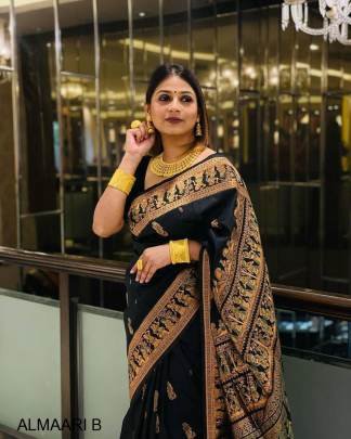 Surpassing Black Soft Banarasi Silk Saree With Twirling Blouse Piece