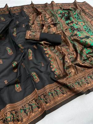 Surpassing Black Soft Banarasi Silk Saree With Twirling Blouse Piece