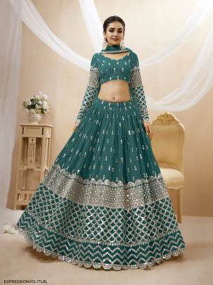 Teal Blue Georgette Sequence Zari Embroidered Work Lehenga Expression Vol 1 by Zeel Clothing 
