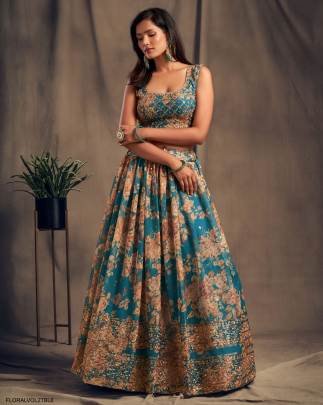 Teal Blue Organza Lehenga Choli From Floral Vol 2 by Zeel Clothing