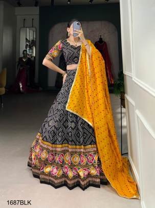 This beautifully Black printed  lehenga design going from a royal shade ensemble for function LNB1687PRL