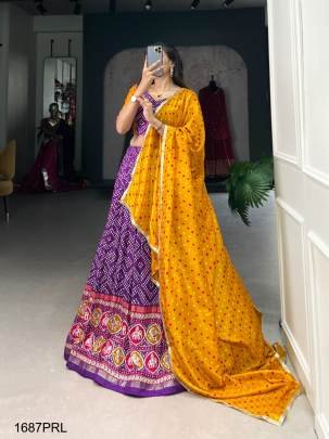 This beautifully Purple printed  lehenga design going from a royal shade ensemble for function LNB1687PRL