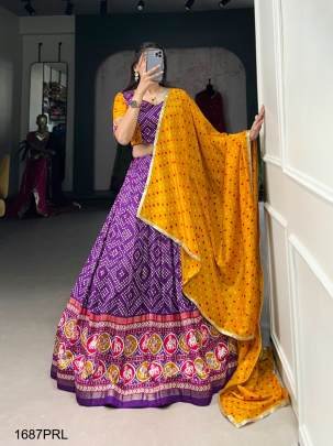 This beautifully Purple printed  lehenga design going from a royal shade ensemble for function LNB1687PRL