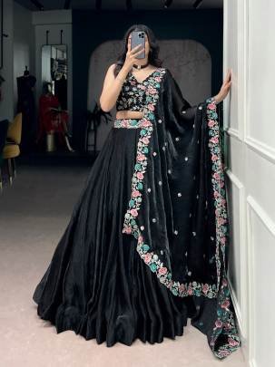 This black lehenga choli stands out with its soft Fendi fabric and exquisite embroidery work  LNB1467BLK