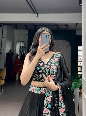 This black lehenga choli stands out with its soft Fendi fabric and exquisite embroidery work  LNB1467BLK