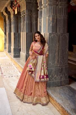 This shimmer organza lehenga choli adorned with zari weaving and delicate lace borders brings timeless elegance to every festive moment