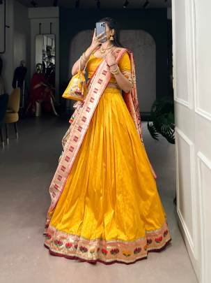 This Silk Paithani lehenga choli is where traditional zari weaving meets graceful lace borders crafted for moments that deserve royalty LNB2031YLW