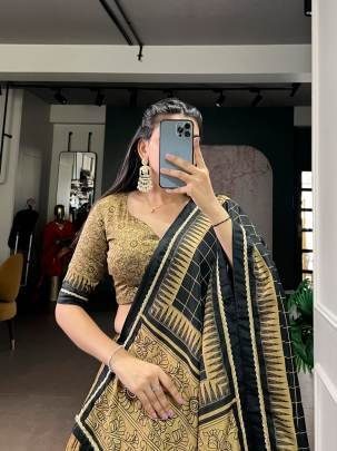 Tradition woven in art Kalamkari prints on rich Tasar silk finished with elegant lace borders for a timeless ethnic statement LNB1206GLD