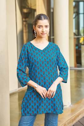 Urban Short Kurti Sky Blue Trendy Printed for Daily Wear Comfort & Smart Look