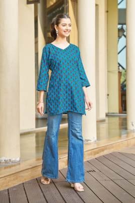 Urban Short Kurti Sky Blue Trendy Printed for Daily Wear Comfort & Smart Look